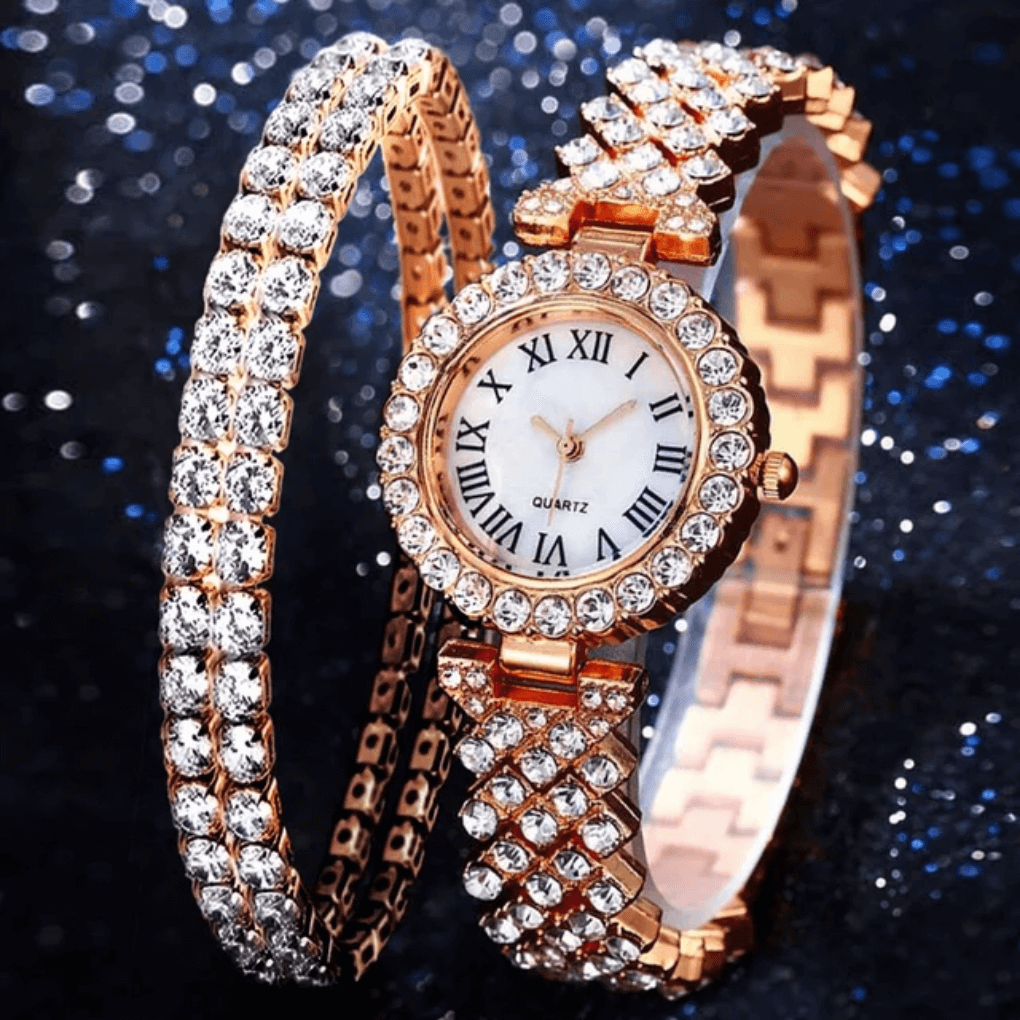 Kit Luxury Dama DG featuring a sophisticated gold watch with diamond accents and an elegant bracelet.
