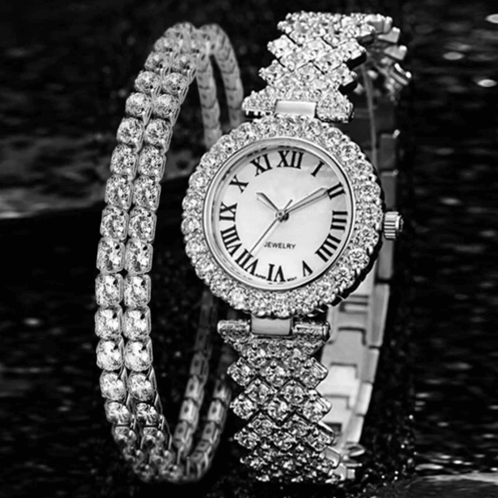 Elegant silver watch with sparkling embellishments and matching bracelet, perfect for chic styles.