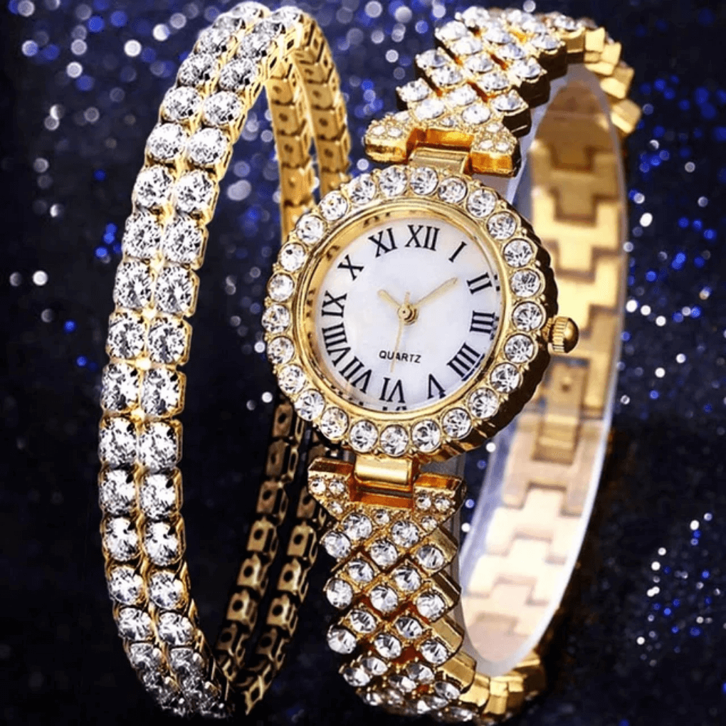 Kit Luxury Dama DG: elegante reloj de cuarzo con diseño en dorado y diamantes que resalta tu estilo sofisticado.